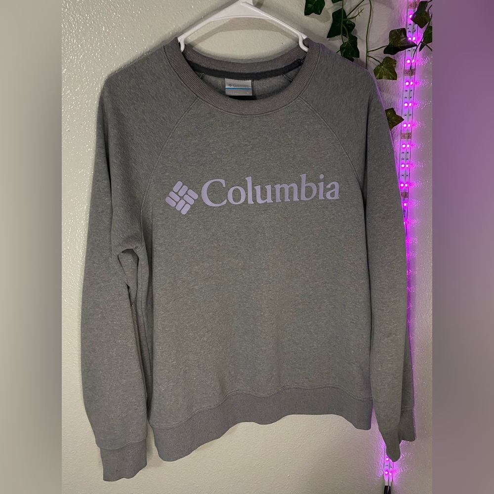 Grey Columbia Crewneck Sweatshirt with Adorable Lilac Lettering